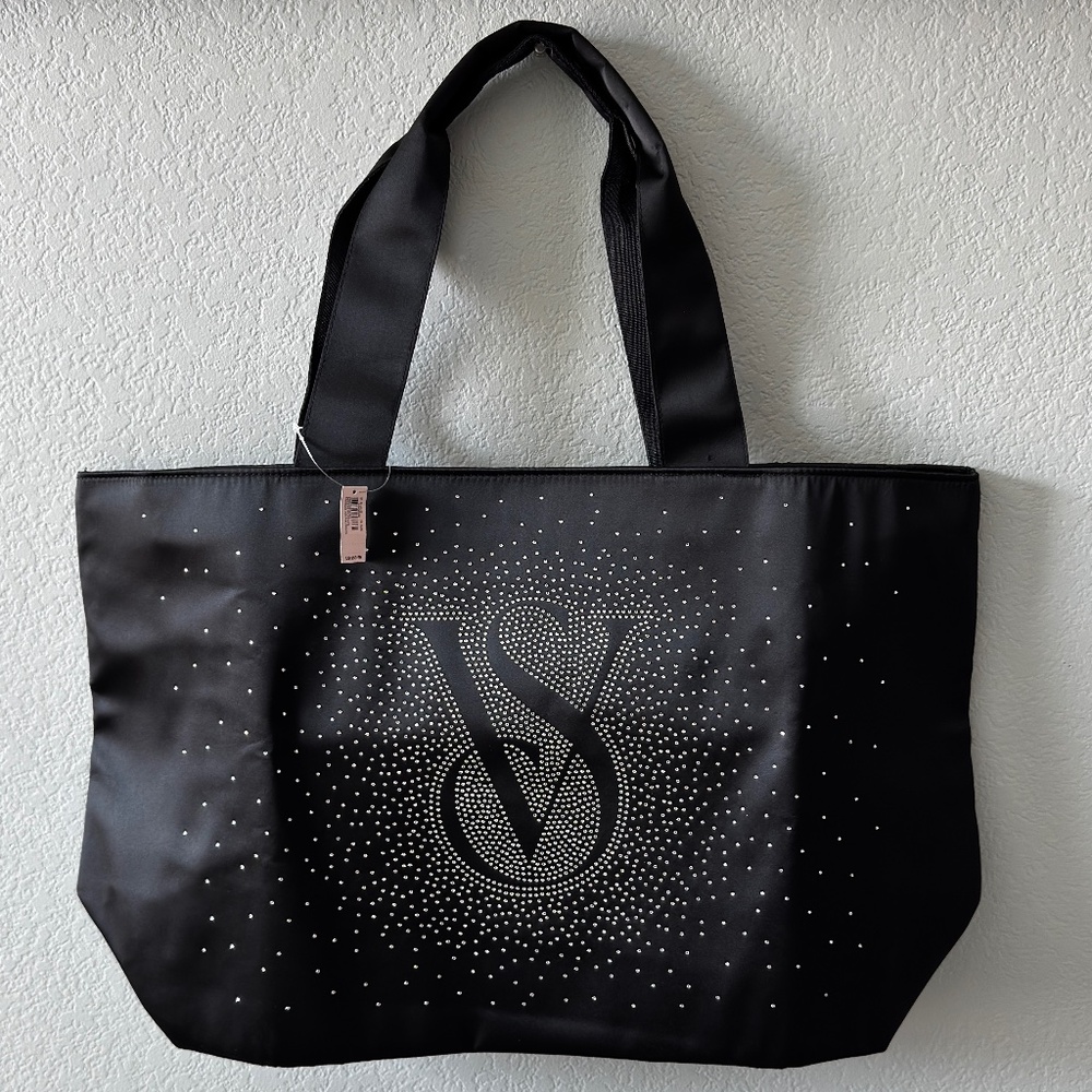 Victoria Secret Daring Bag XL Bling Shine Black Satin Tote Bag